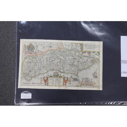 835 - Three unframed 17th century maps of Sussex; a Norden and Kip map, 25 x 41cm, a John Speed, 41 x 54cm... 