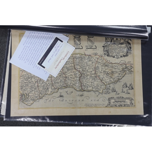 835 - Three unframed 17th century maps of Sussex; a Norden and Kip map, 25 x 41cm, a John Speed, 41 x 54cm... 