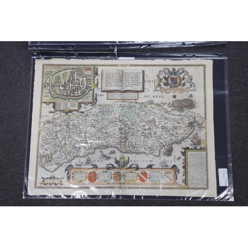 835 - Three unframed 17th century maps of Sussex; a Norden and Kip map, 25 x 41cm, a John Speed, 41 x 54cm... 