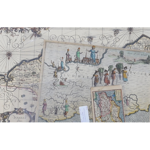 836 - Three unframed 17th century maps of Sussex; a Pieter Van Den Keere map, 9 x 14cm, a Michael Drayton ... 