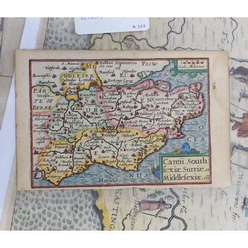 836 - Three unframed 17th century maps of Sussex; a Pieter Van Den Keere map, 9 x 14cm, a Michael Drayton ... 