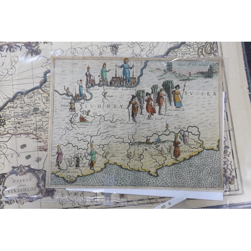 836 - Three unframed 17th century maps of Sussex; a Pieter Van Den Keere map, 9 x 14cm, a Michael Drayton ... 