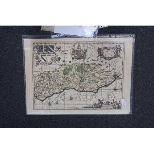 836 - Three unframed 17th century maps of Sussex; a Pieter Van Den Keere map, 9 x 14cm, a Michael Drayton ... 