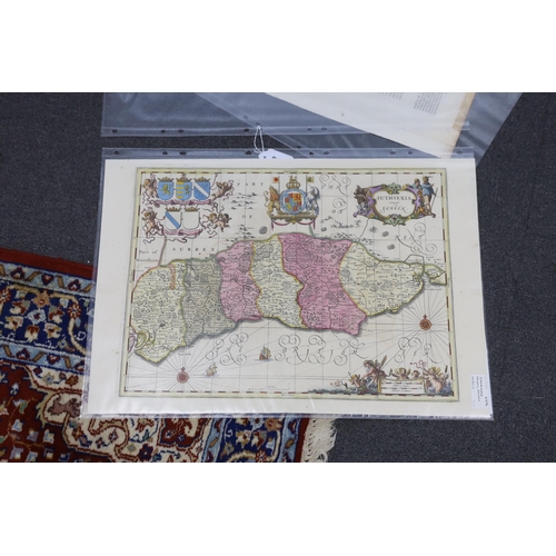 837 - Three unframed 17th century maps of Sussex; a Valk & Schenk, 41 x 58cm and two by Johannes Blaeu, 46... 