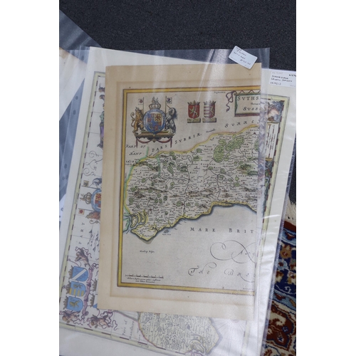 837 - Three unframed 17th century maps of Sussex; a Valk & Schenk, 41 x 58cm and two by Johannes Blaeu, 46... 