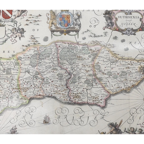 839 - Three unframed 17th century maps of Sussex; Jan Jansson, 40 x 53cm, Robert Morden, 37 x 43cm and Nor... 