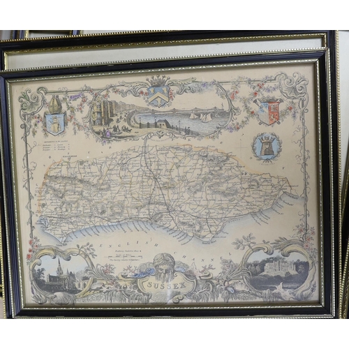 846 - Seven framed Sussex related 18th and 19th century maps, including examples by T. Moule, T. Kitchin, ... 