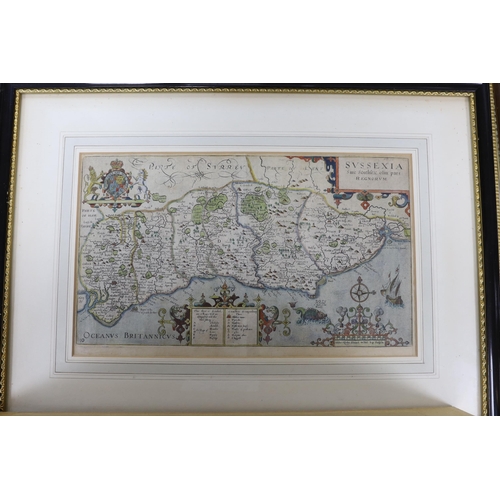 847 - Five framed maps of Sussex, including four 18th century examples by Herman Moll, Johanes Norden, etc... 