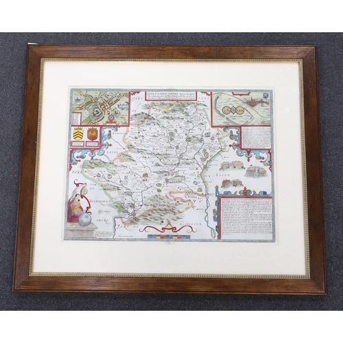 848 - John Speed (1552-1629), mid 17th century hand coloured map of Hartfordshire, 39 x 52cm, text verso, ... 