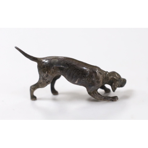 885 - An Edwardian miniature silver model of a dog, import marks for Arthur Graf, Chester, 1905, length 76... 