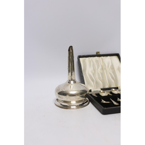 890 - A modern silver wine funnel, Broadway & Co, London, 2003, 13.1cm and a cased set of six earlier silv... 