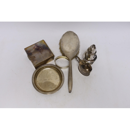 894 - Sundry silver including a mounted hair brush, cigarette box, small dish, bangle, caster and mustard.... 