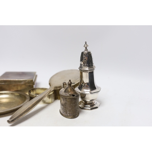 894 - Sundry silver including a mounted hair brush, cigarette box, small dish, bangle, caster and mustard.... 