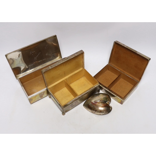 895 - Two silver mounted cigarette boxes, including Art Deco, 15.2cm, together with a Finnish white metal ... 