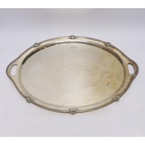 896 - A George V silver oval presentation tea tray, with inset handles, Walker & Hall, Sheffield, 1935, 49... 