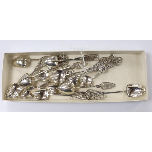 897 - Fourteen Australian Arts & Crafts small sterling spoons by James A. Linton, with planished bowls and... 