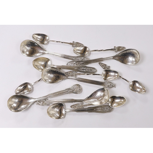 898 - Seven Australian Arts & Crafts sterling spoons, by James A. Linton, with planished bowls and differi... 