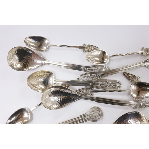 898 - Seven Australian Arts & Crafts sterling spoons, by James A. Linton, with planished bowls and differi... 