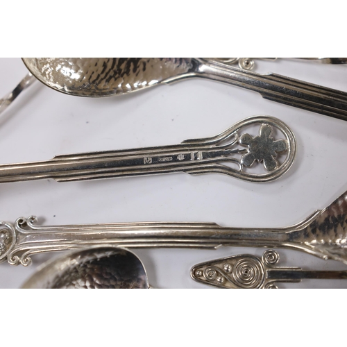 898 - Seven Australian Arts & Crafts sterling spoons, by James A. Linton, with planished bowls and differi... 