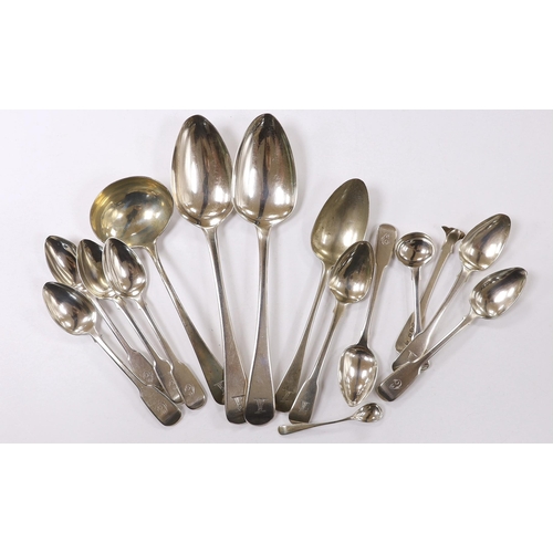 899 - Fourteen assorted 19th century silver spoons, including table, tea and condiment and part of another... 