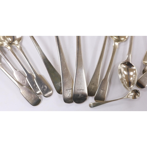 899 - Fourteen assorted 19th century silver spoons, including table, tea and condiment and part of another... 