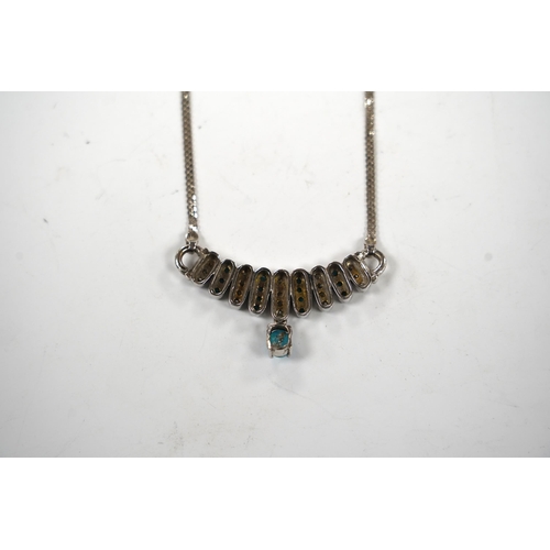 917 - A modern Italian 750 white metal turquoise and diamond cluster set drop necklace, 40cm gross weight ... 