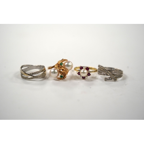 919 - Two modern continental yellow metal and diamond chip set triple band cross over rings, size N, a 14k... 