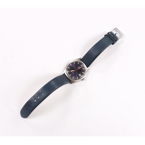 936 - A gentleman's late 1960's stainless steel Omega manual wind wrist watch, with blue dial and red swee... 