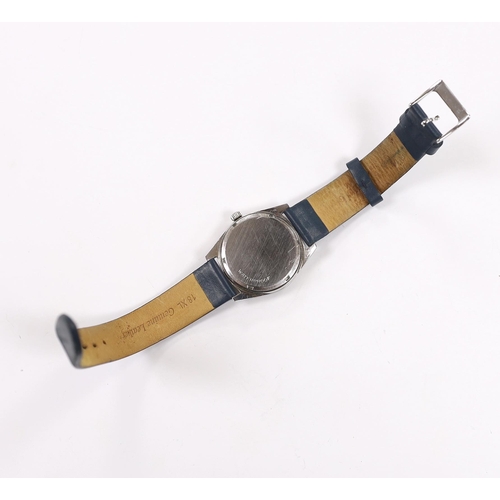 936 - A gentleman's late 1960's stainless steel Omega manual wind wrist watch, with blue dial and red swee... 