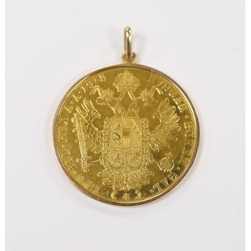 949 - An Austro-Hungarian Empire 1915 4 Ducats gold coin, in later yellow metal pendant mount (re-strike).... 