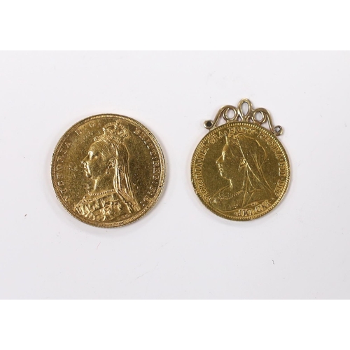 950 - An 1890 gold sovereign and 1901 half sovereign in pendant mount.