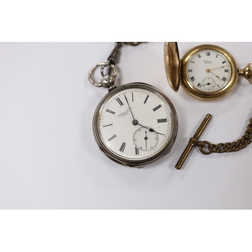 951 - A Victorian silver open face pocket watch, with a gilt metal albert, together with a smaller gold pl... 