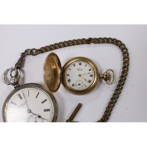 951 - A Victorian silver open face pocket watch, with a gilt metal albert, together with a smaller gold pl... 