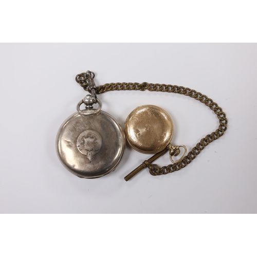 951 - A Victorian silver open face pocket watch, with a gilt metal albert, together with a smaller gold pl... 