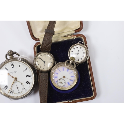 955 - A late Victorian silver open face pocket watch, retailed by Kendall & Dent, a cased Swiss 935 standa... 