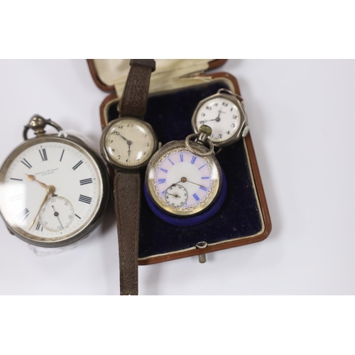 955 - A late Victorian silver open face pocket watch, retailed by Kendall & Dent, a cased Swiss 935 standa... 