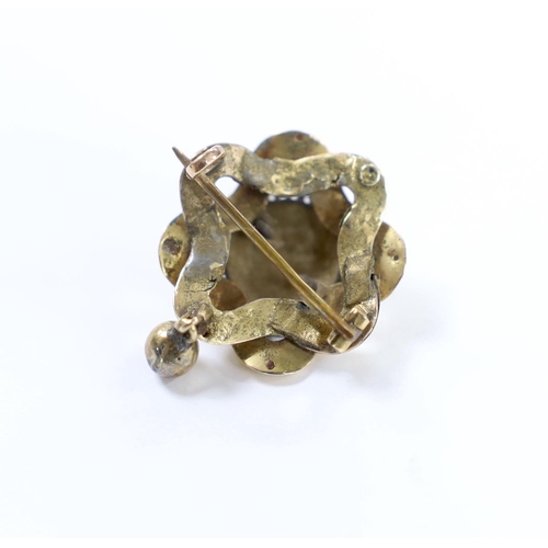 959 - A Victorian yellow metal, enamel and seed pearl set drop brooch, 25mm, gross weight 3 grams.