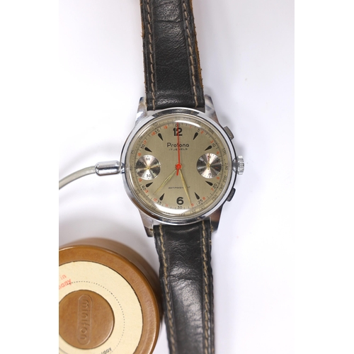 966 - A gentleman's 1950s German steel Protona Minifon Surveillance wrist watch with cables and attachment... 