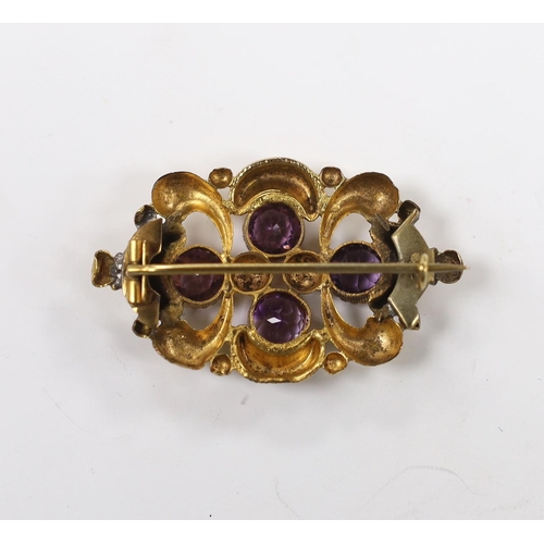 968 - A late Victorian yellow metal and amethyst cluster set oval brooch, 45mm, gross weight 7.2 grams.... 