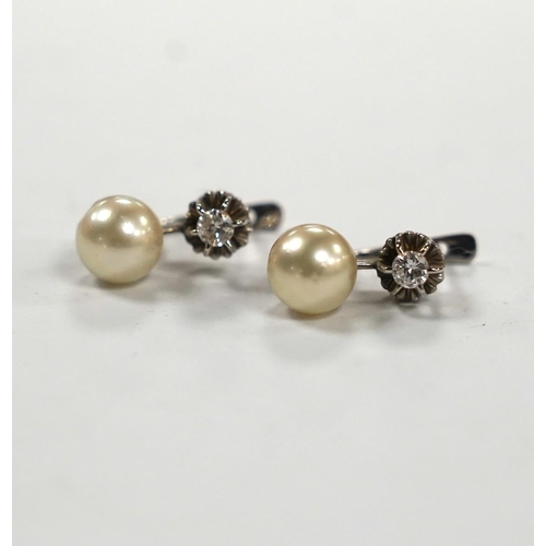 977 - A pair of white metal, single stone cultured pearl and single stone diamond set earrings, 16mm, gros... 