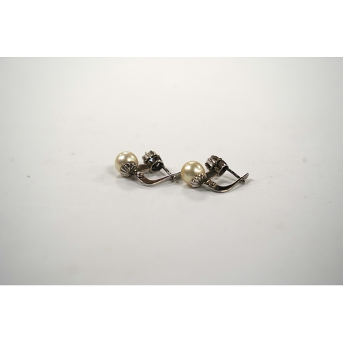 977 - A pair of white metal, single stone cultured pearl and single stone diamond set earrings, 16mm, gros... 