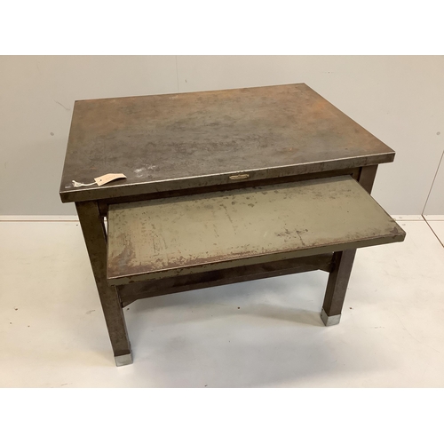 1006 - A mid century Remington Rand steel two tier work table with fitted slide, width 86cm, depth 64cm, he... 