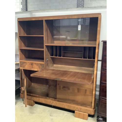 1007 - An Art Deco German walnut bureau cabinet, width 138cm, depth 37cm, height 160cm