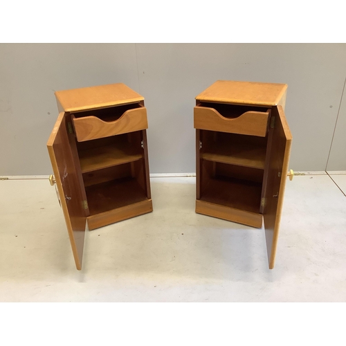 1032 - A pair of Art Deco bird's eye maple bedside cabinets, width 36cm, depth 34cm, height 67cm