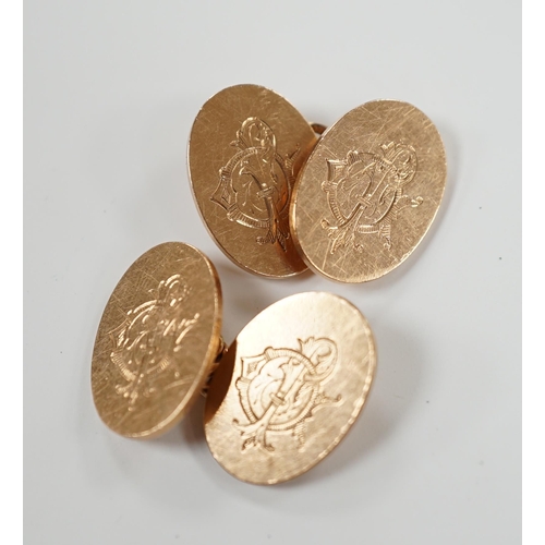 1959 - A pair of George V 9ct gold oval cufflinks, with engraved monogram, 11.8 grams.