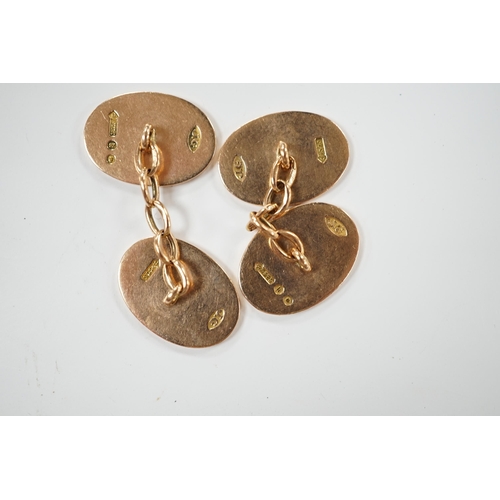 1959 - A pair of George V 9ct gold oval cufflinks, with engraved monogram, 11.8 grams.