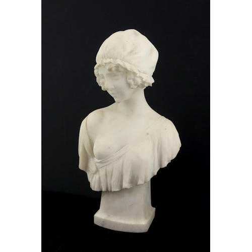 10 - P. Conti, an early 20th century carved marble bust of a young woman with bared breast, signed, 38cm ... 