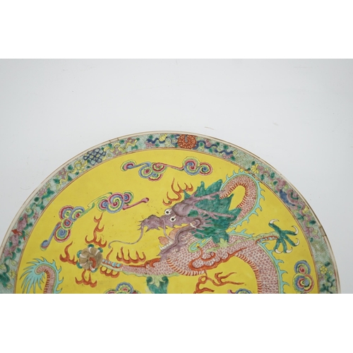 103 - A Chinese yellow ground dragon dish, late 19th century, painted with a five claw dragon chasing a ... 