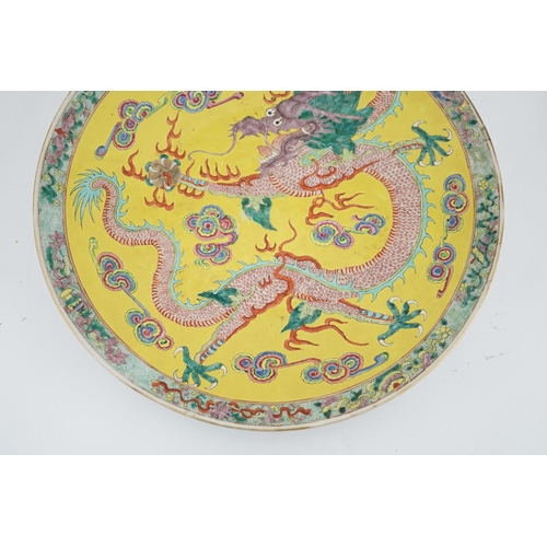 103 - A Chinese yellow ground dragon dish, late 19th century, painted with a five claw dragon chasing a ... 