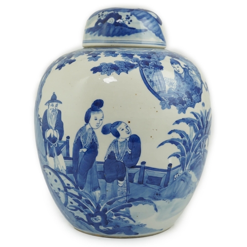 106 - A large Chinese blue and white Romance of the Western chamber ovoid jar and cover, Kangxi mark, bu... 
